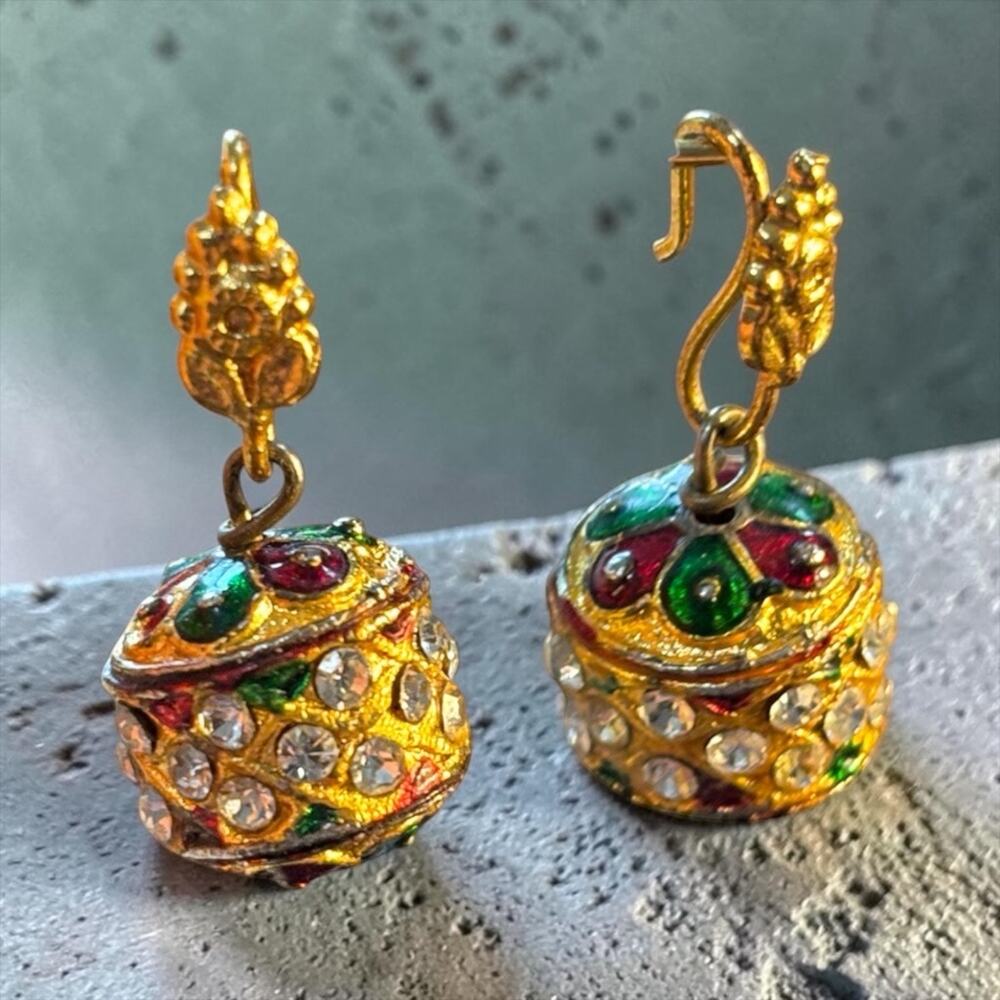 Vintage Jeweled Orb Pierced Earrings Rhinestone Enamel Gold Statement